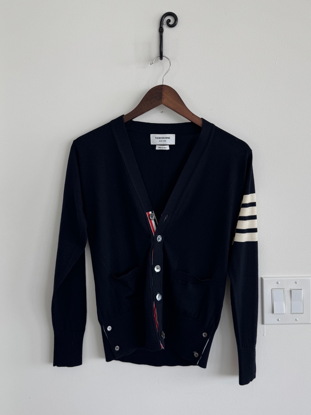 Thom Browne Navy V-Neck Cardigan with Stripes